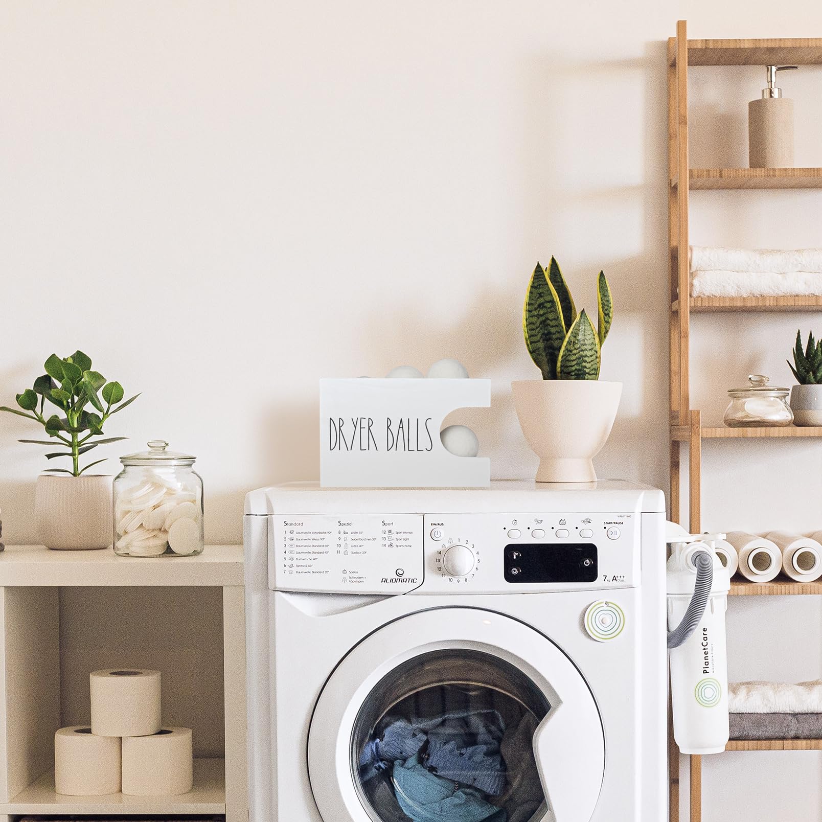 Dryer Ball Holder for Laundry Room, Dryer Balls Container Wall Mount, Wood Dryer Balls Storage Organizer, Wool Dryer Ball Dispenser Basket (White)