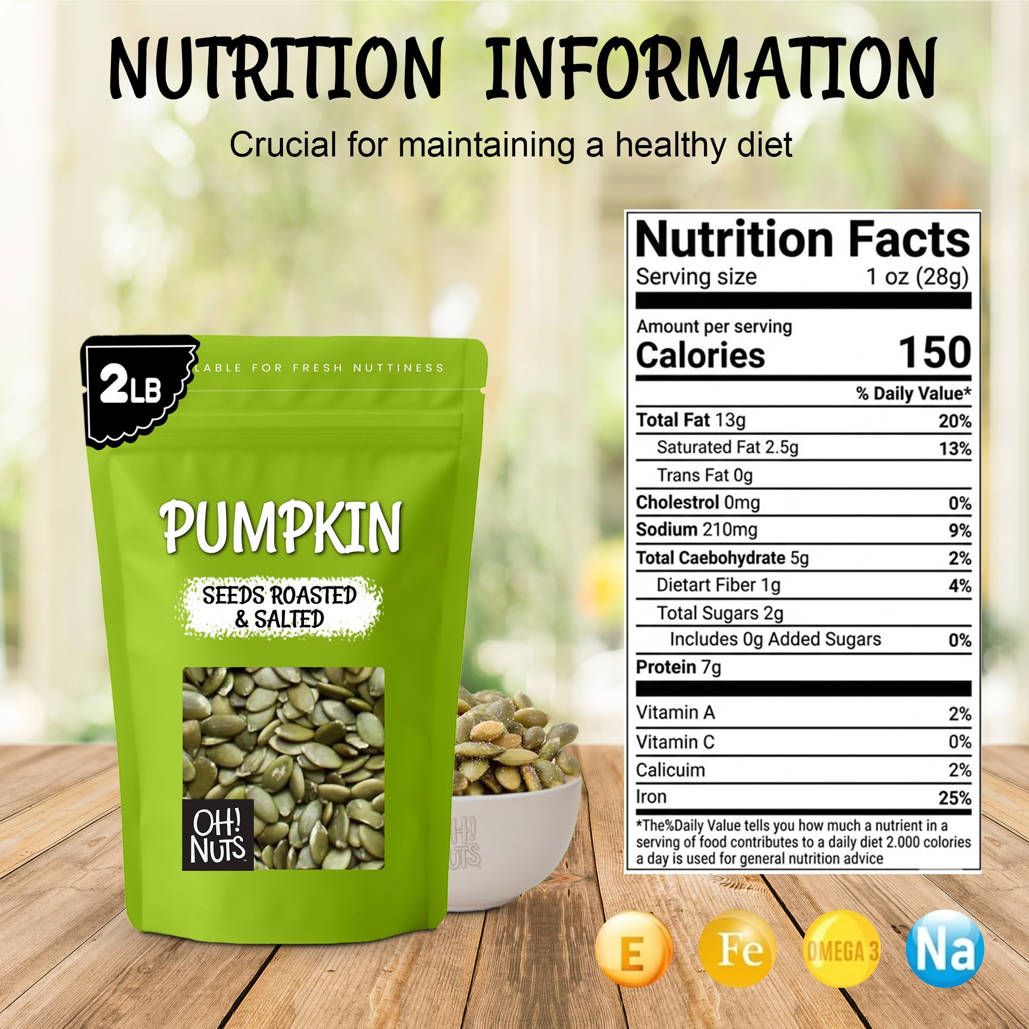 Oh! Nuts Pumpkin Seeds - Roasted Salted - 2 lb - No Shell Pepitas - Packed in New York Zip-Seal Bag for Exceptional Freshness