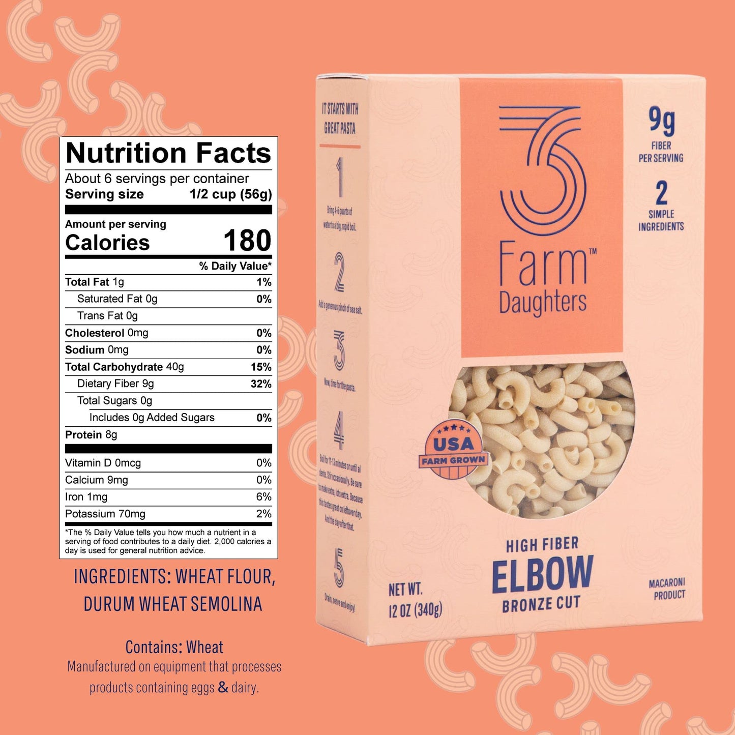 Three Farm Daughters High Fiber Elbow Macaroni Pasta Pack, Low GI, Non GMO Elbow Pasta Noodles, Low Net Carb, Made in the USA, 12 oz. (1 Pack)