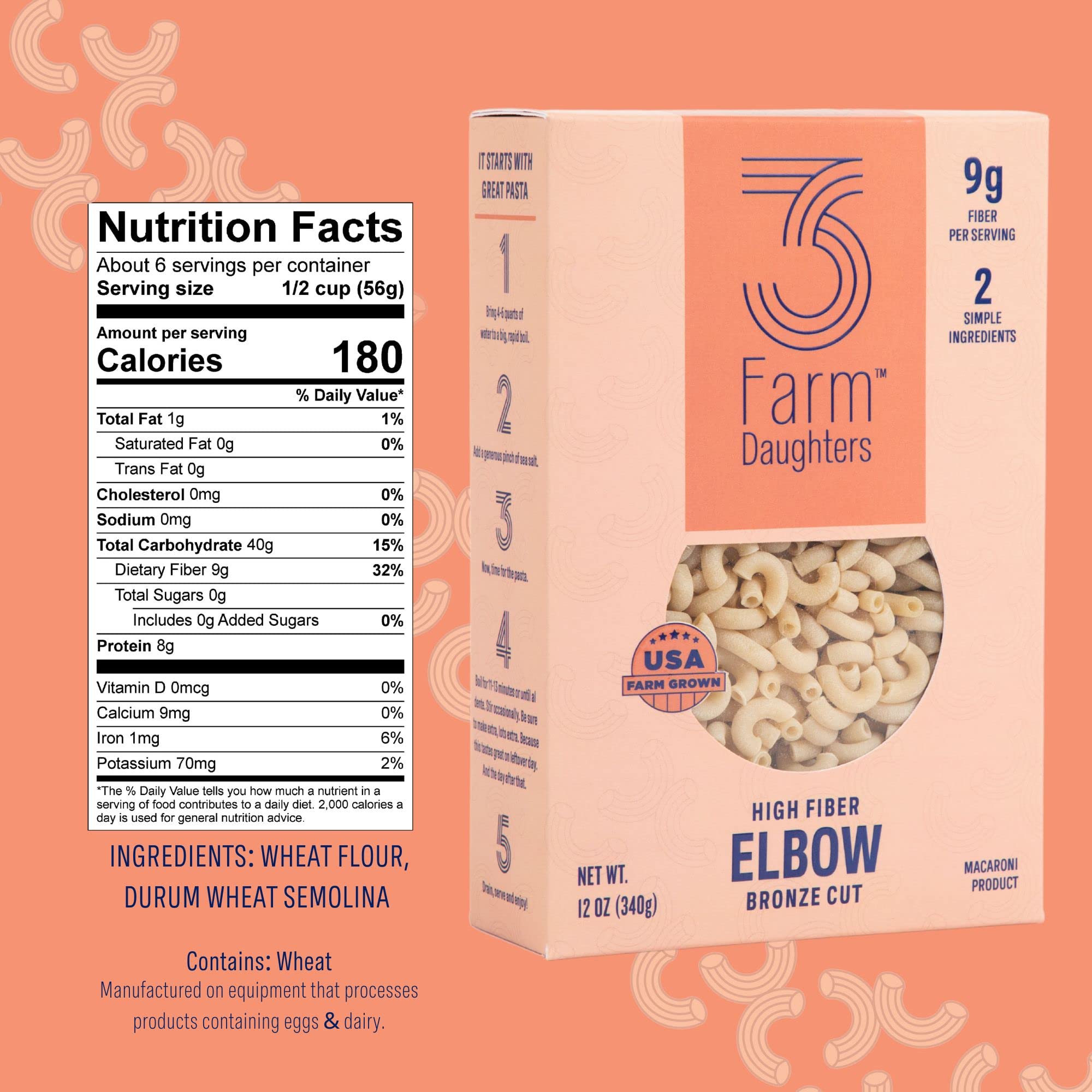 Three Farm Daughters High Fiber Elbow Macaroni Pasta Pack, Low GI, Non GMO Elbow Pasta Noodles, Low Net Carb, Made in the USA, 12 oz. (1 Pack)