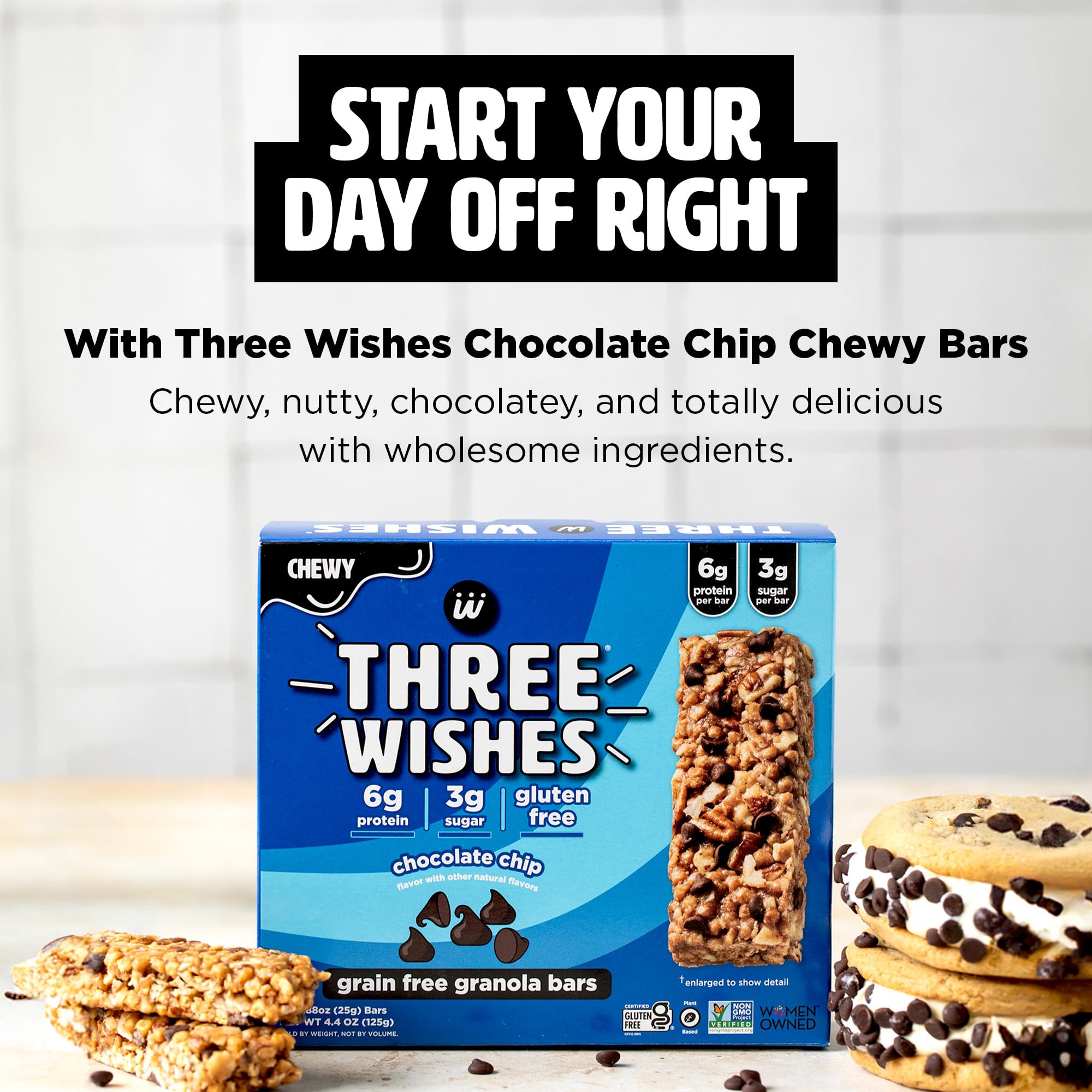 Three Wishes Chewy Granola Bars, Chocolate Chip (4-Pack) - Gluten & Grain-Free Soft Snack Food Bar with 6g Protein, 3g Sugar - Healthy Breakfast