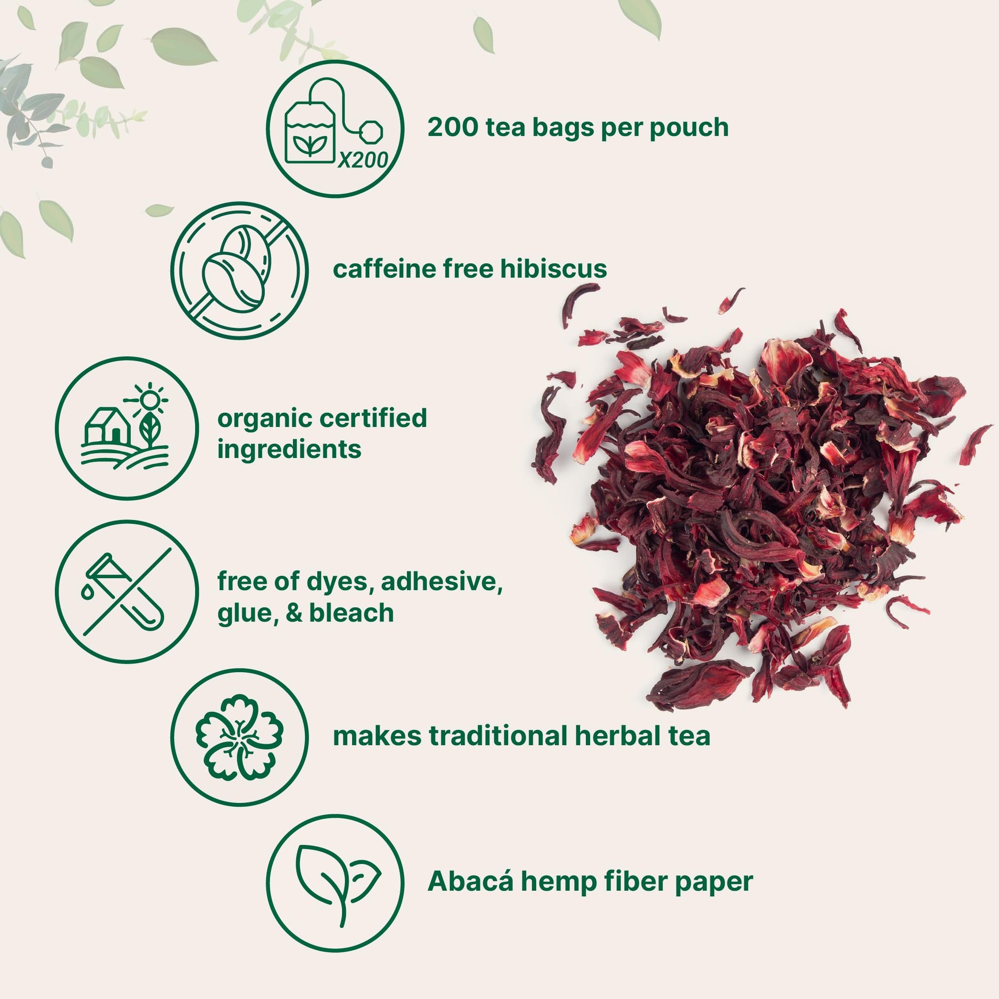 Organic Hibiscus Tea Bags, 200 Count | Premium Source from Hibiscus Flowers | Caffeine Free Herbal Tea | Eco-Friendly Hemp Paper Tea Bags | Non-GMO