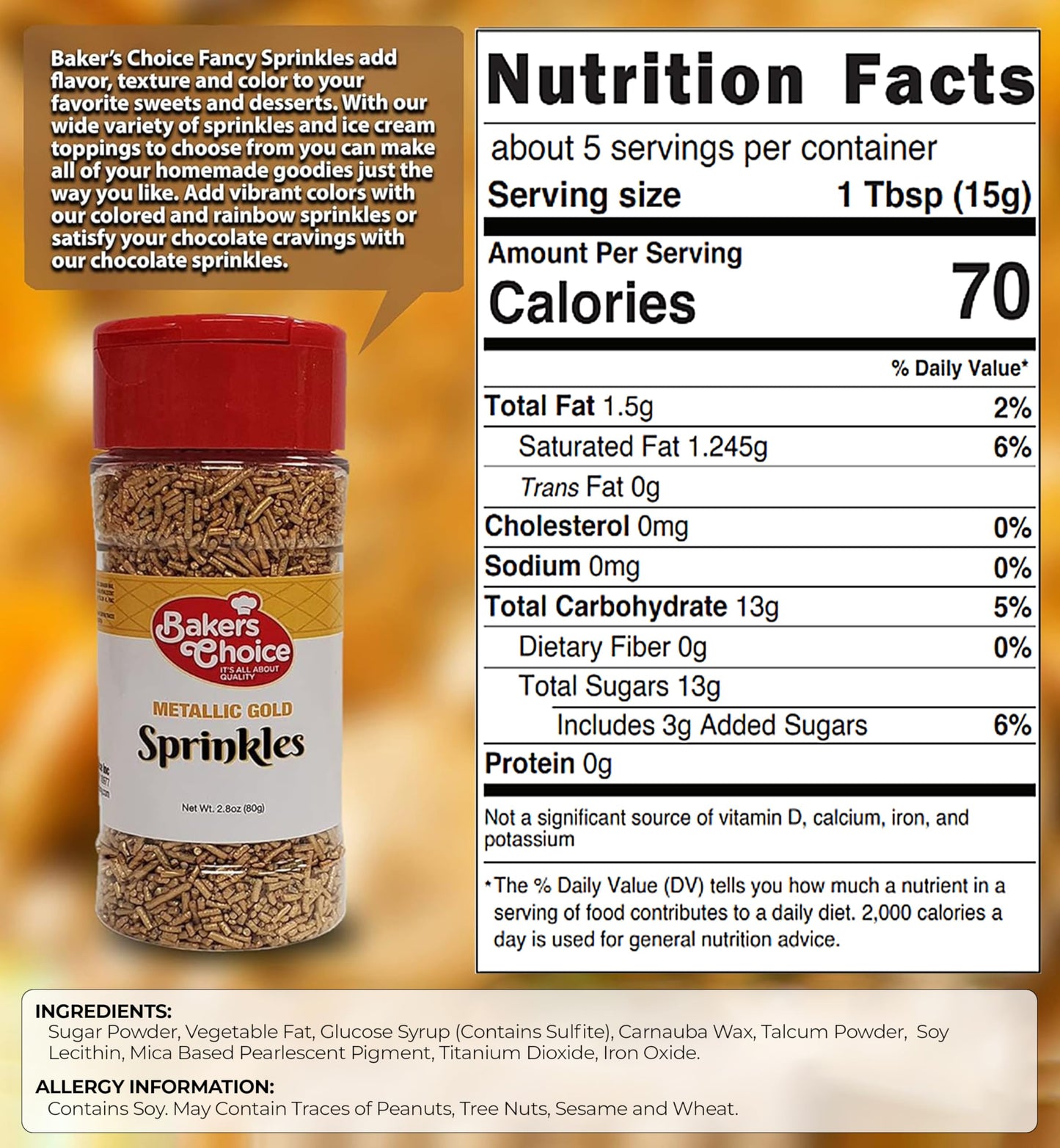 Bakers Choice Metallic Gold Sprinkles for Baking - Jimmies Sprinkles for Ice Cream Toppings - Dairy Free, Kosher 2.8 oz.