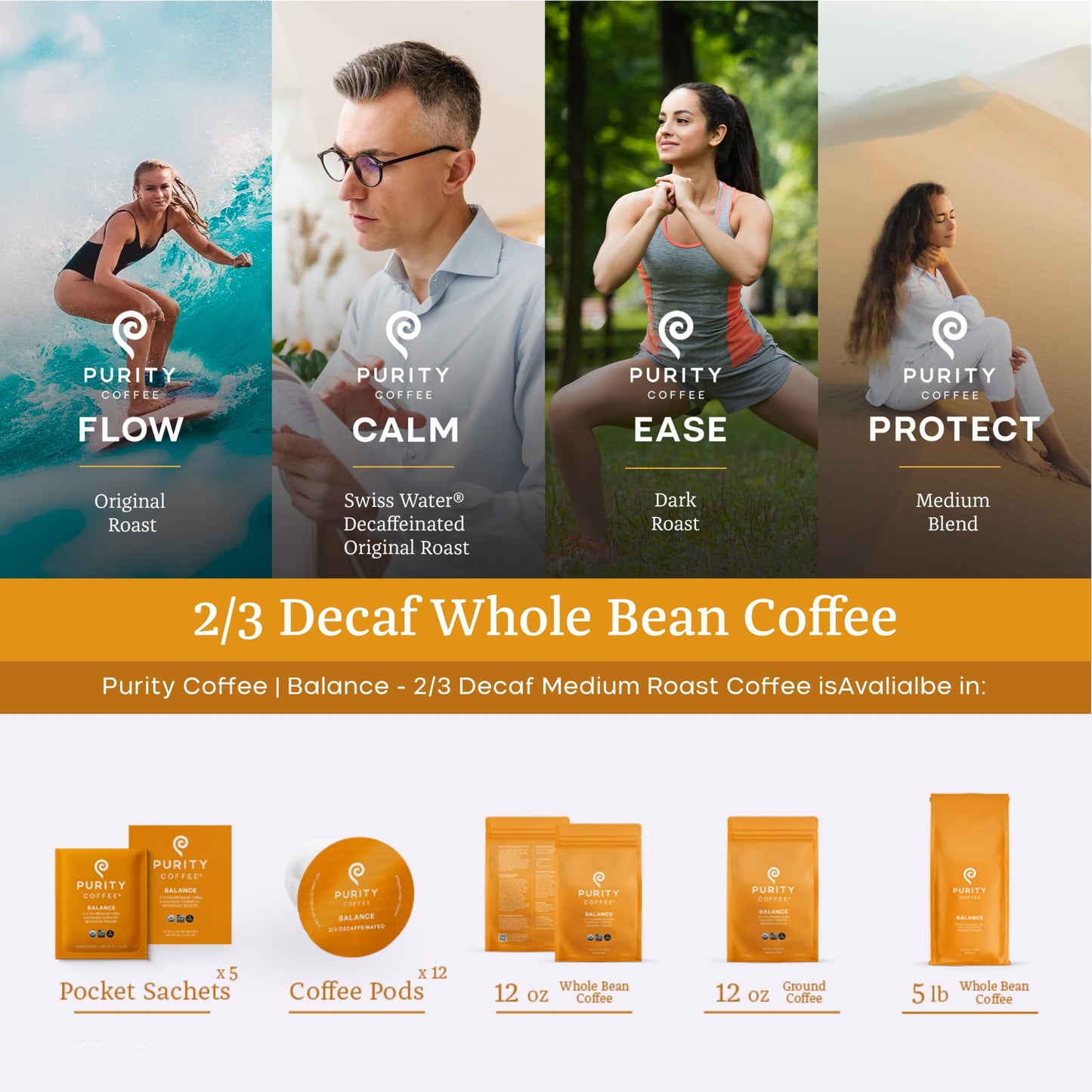 Purity Coffee BALANCE 2/3 Decaf Medium Roast Single Serve Sachets 5ct