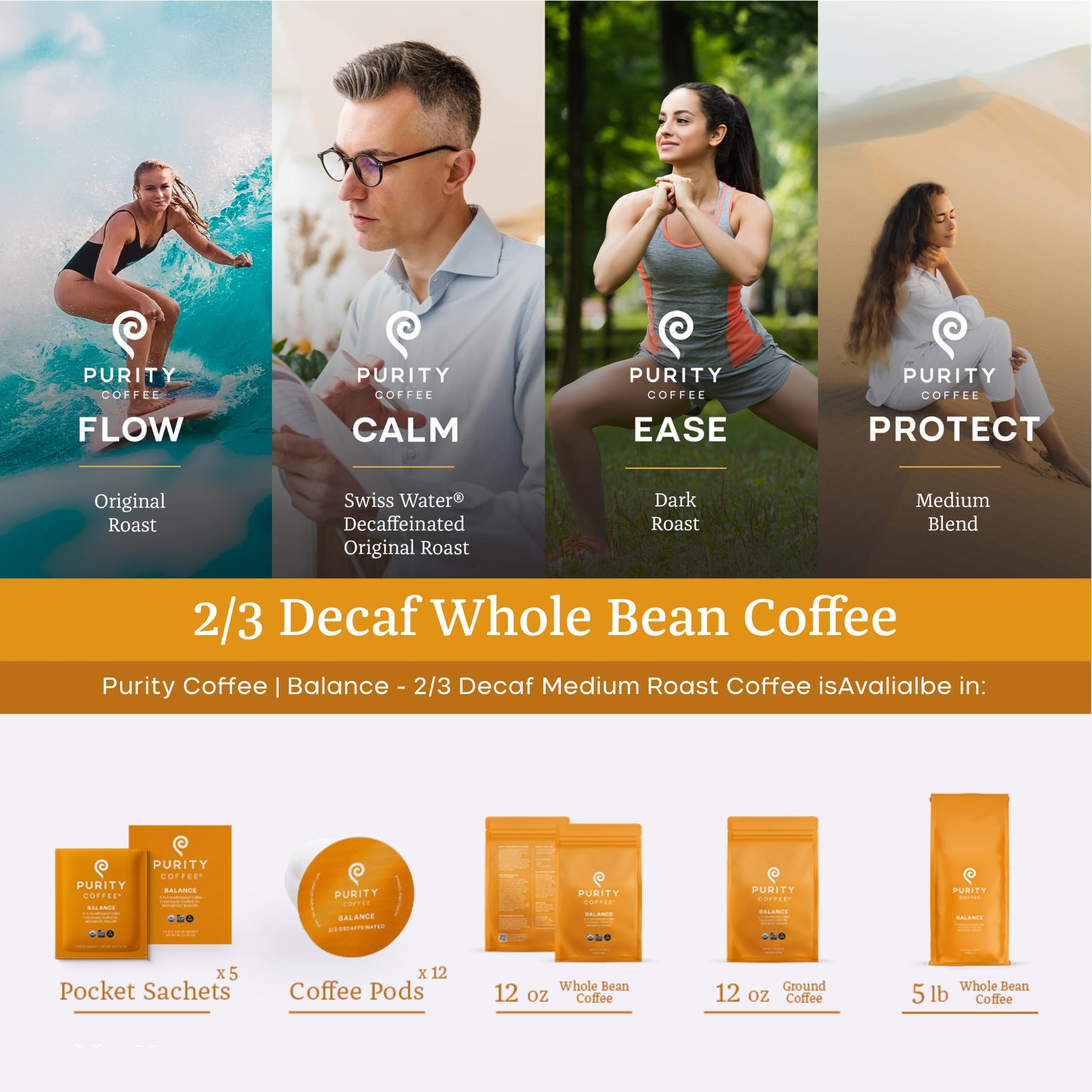 Purity Coffee BALANCE 2/3 Decaf Medium Roast Single Serve Sachets 5ct