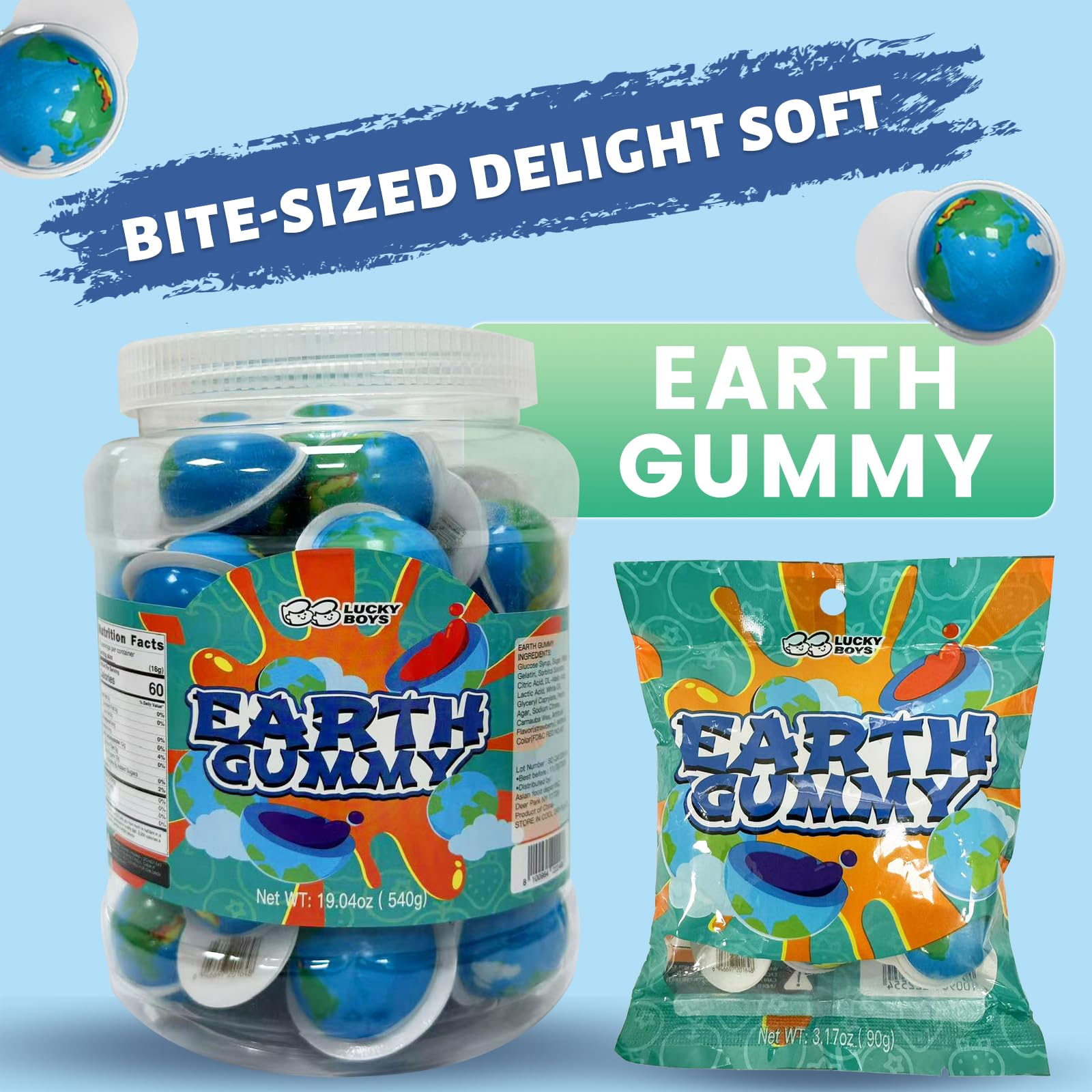 Lucky boys Earth Gummy Candy With Fruity Liquid Center Fat Free Perfect for Halloween & Themed Parties, Fun & Delicious 19.04oz (Earth Gummy 19.04oz