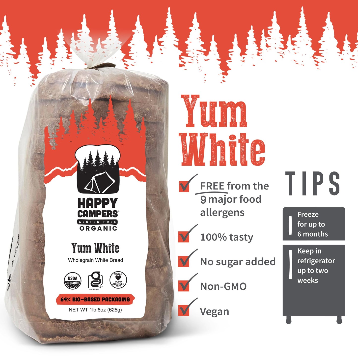Happy Campers Yum White Gluten Free Bread, Multi-Grain, Non-GMO, Vegan, Organic, 17.4 oz Loaf (Pack of 4)
