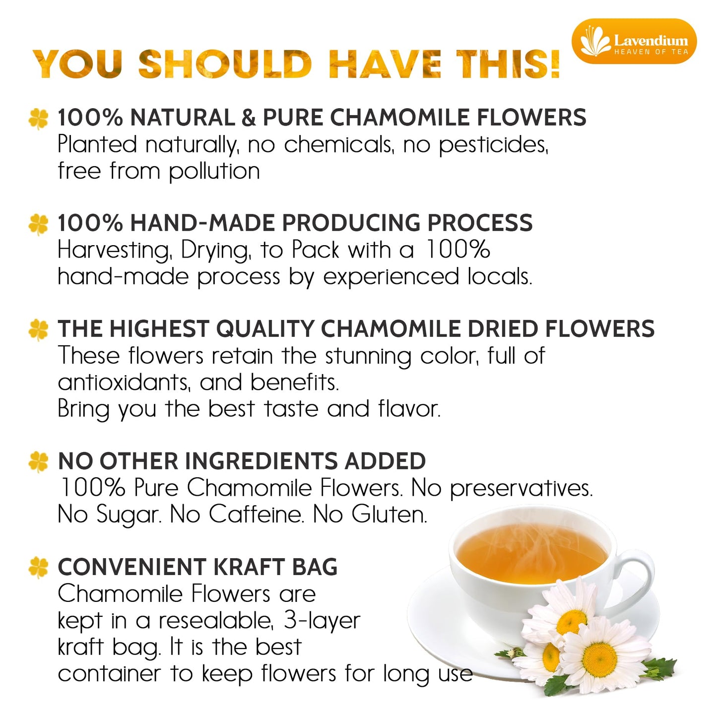 Lavendium, Premium 4oz Dried Chamomile Flowers, 100% Natural & Pure Whole Chamomile Blossoms, No Additives or Preservatives, Non-GMO, Plant-Based