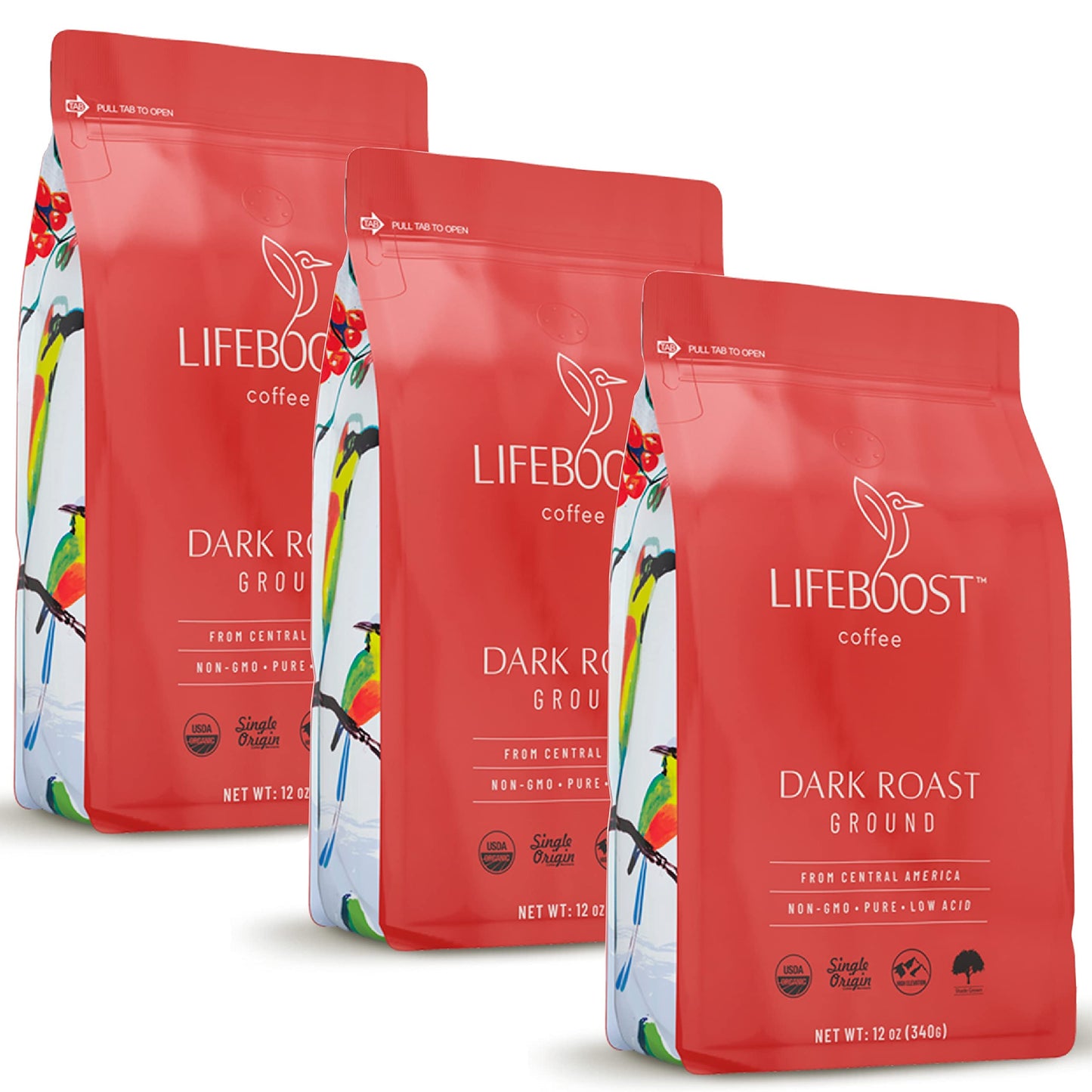 Lifeboost Coffee 3 Pack Dark Roast Ground Coffee - Low Acid Single Origin USDA Organic Coffee - Non-GMO Ground Coffee Beans Dark Roast Third Party