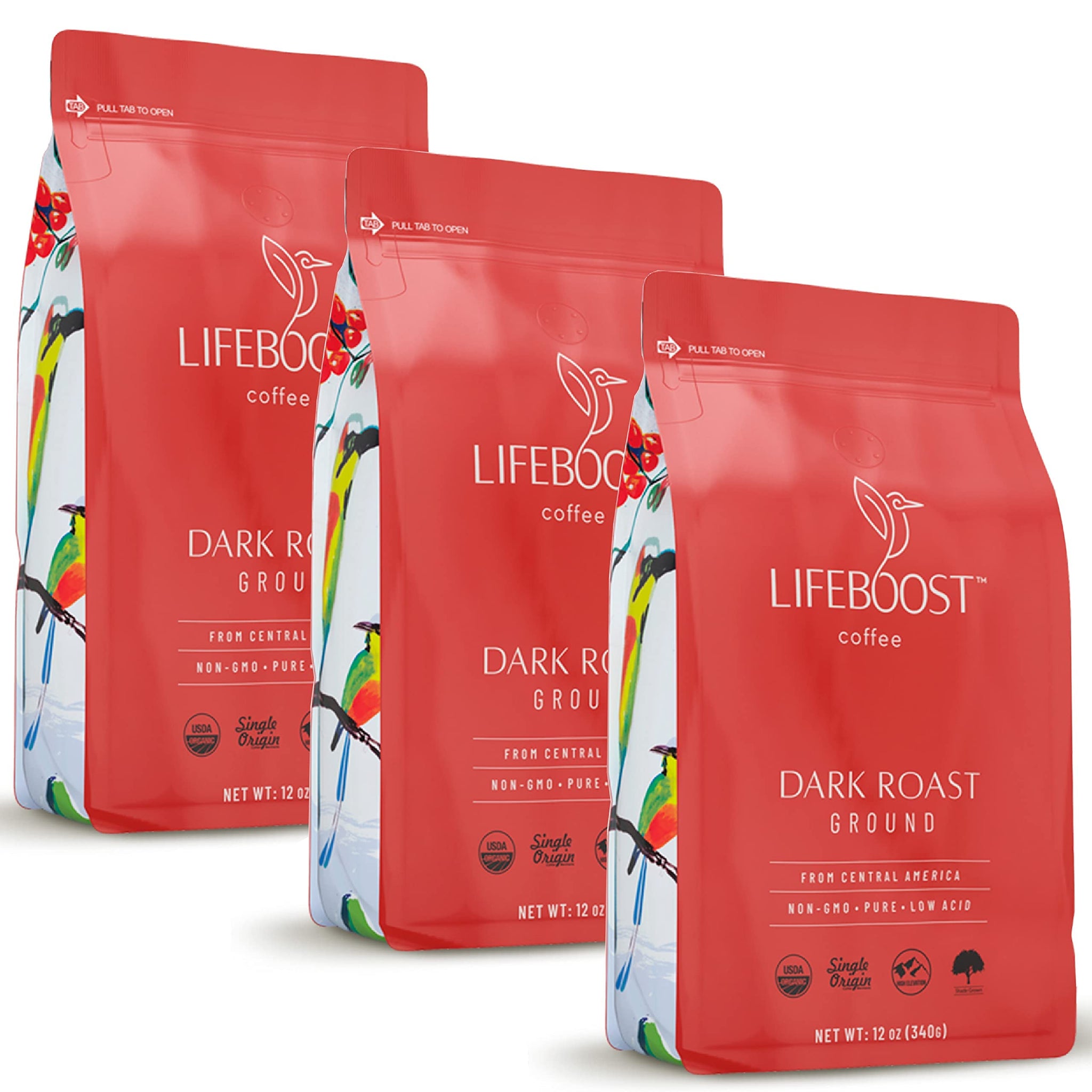 Lifeboost Coffee 3 Pack Dark Roast Ground Coffee - Low Acid Single Origin USDA Organic Coffee - Non-GMO Ground Coffee Beans Dark Roast Third Party