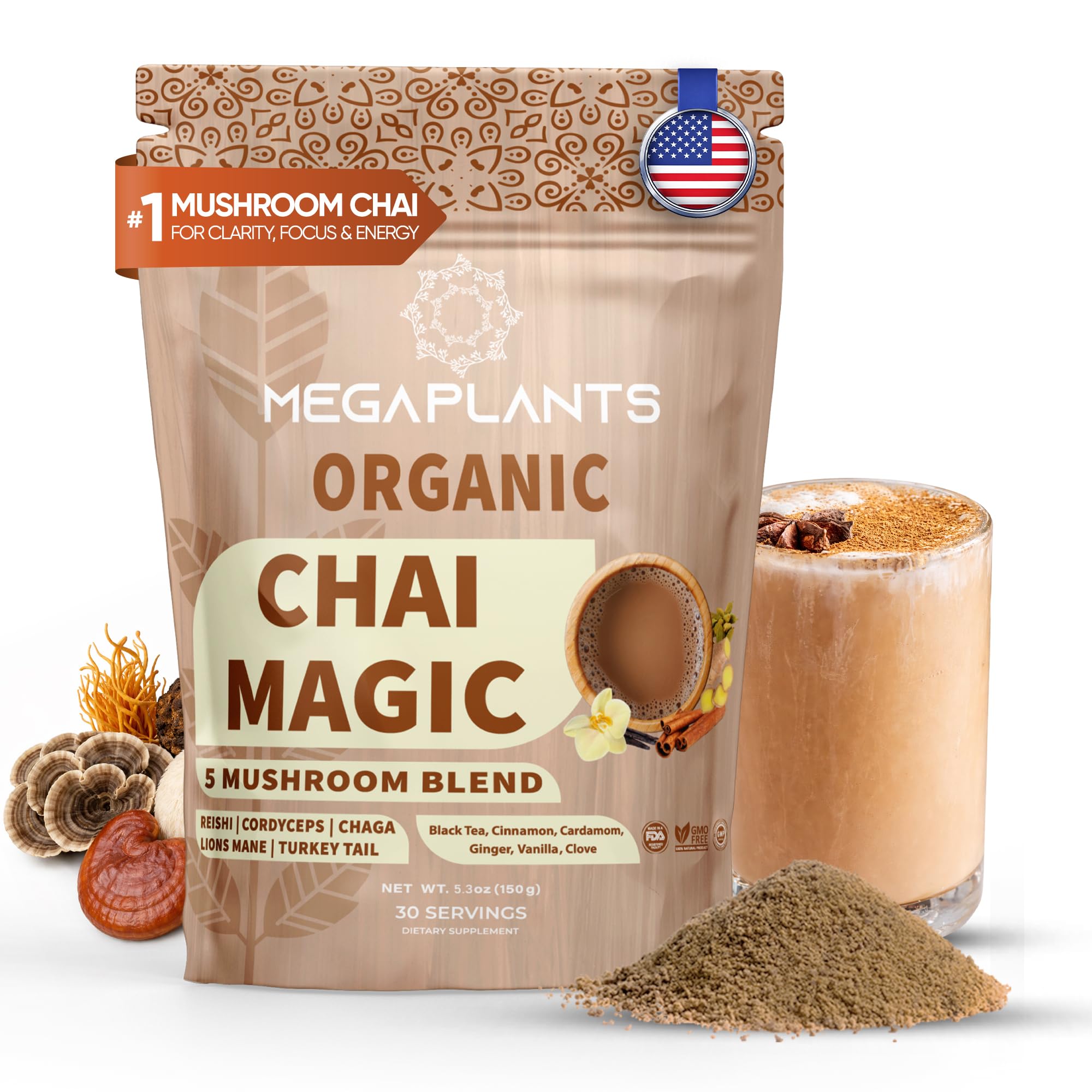 MEGAPLANTS Adaptogenic Mushroom Chai Tea (30 Servings) | No Crash Energy & Focus Blend with Lion’s Mane, Reishi, Turkey Tail, Cordyceps & Chaga |