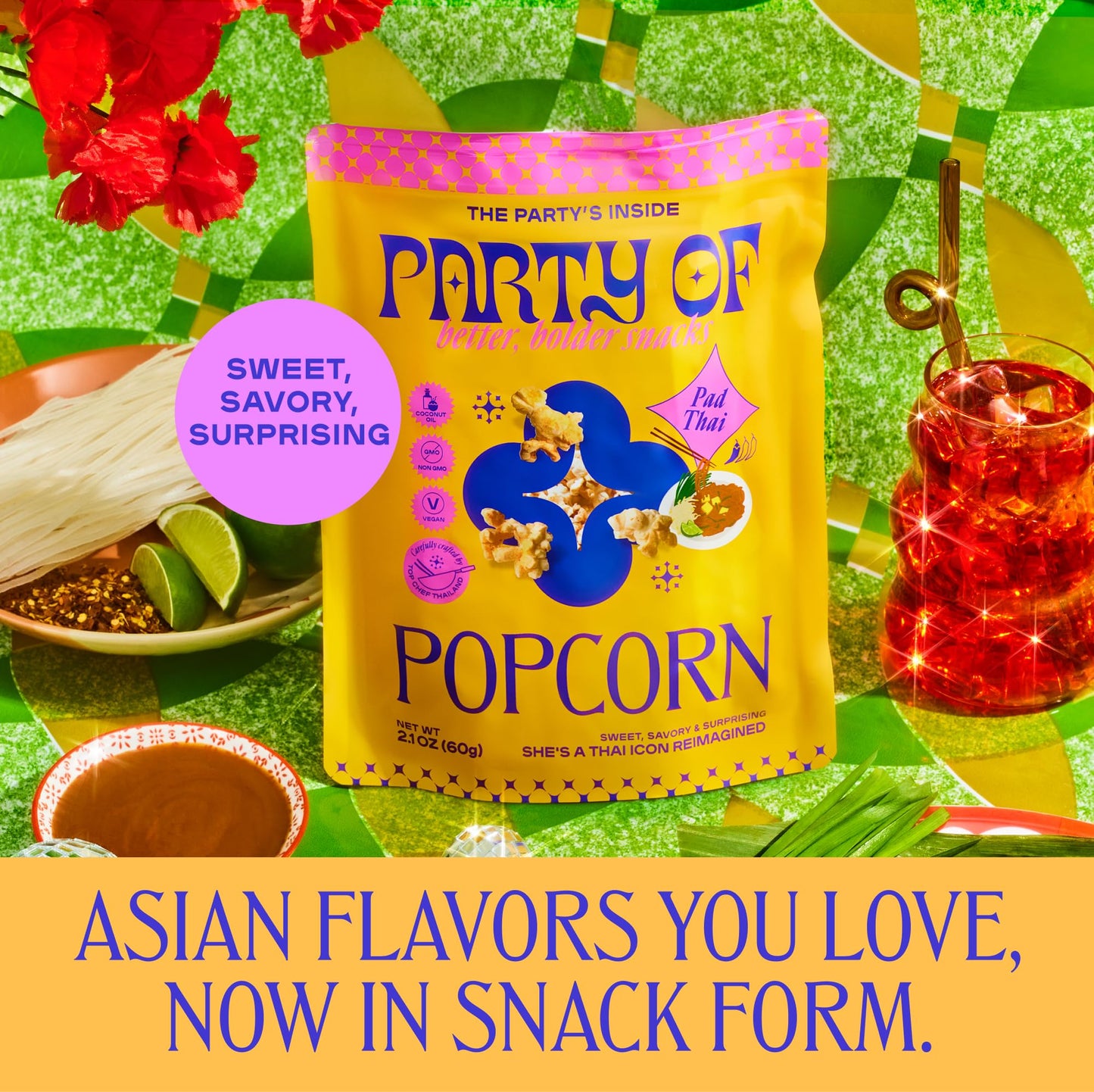 Party of Pad Thai Popcorn - Flavored Gluten-Free Snack Made from Veggie Ingredients, Individually Wrapped, Salted Variety Bags for Sharing, Movie