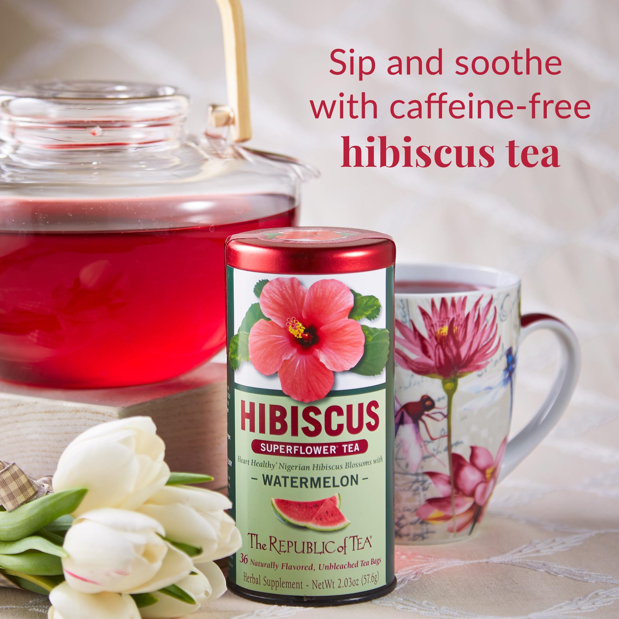 The Republic of Tea Hibiscus Watermelon Superflower Herbal Tea, 36 Tea Bags, Citrus Berry Flavored Tea