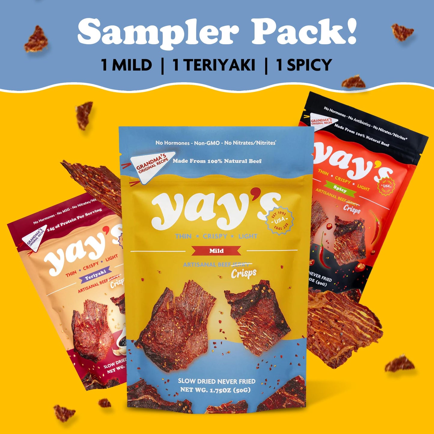 Yay's Beef Jerky Sampler Pack - Healthy High-Protein Snacks, Variety Pack of 3 Flavors (Mild, Spicy, Teriyaki), Low-Carb, Healthy Meat Snacks for Any