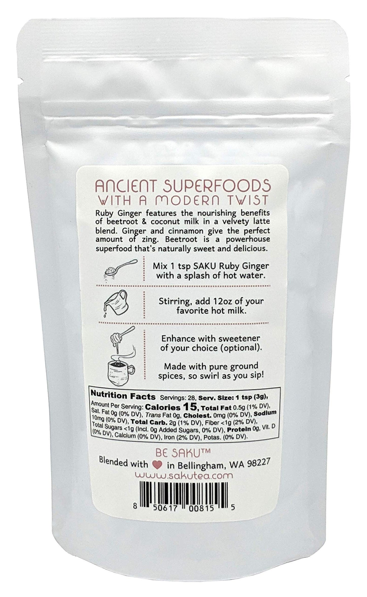 SAKU Tea, Ruby Ginger Beetroot Latte Blend, Super Food Latte, 3oz Bag