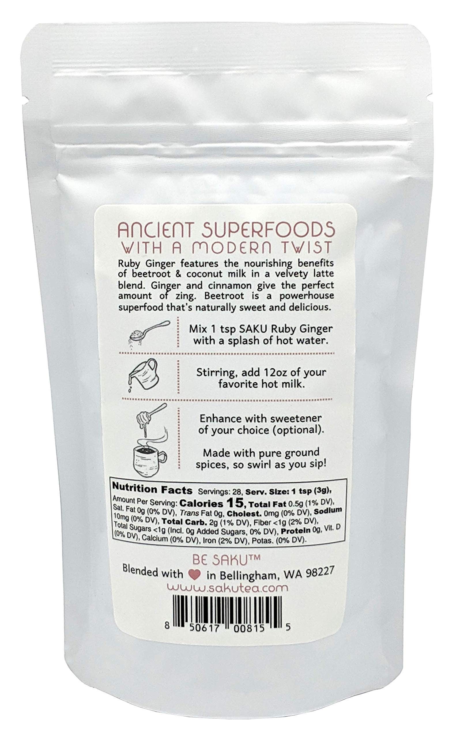 SAKU Tea, Ruby Ginger Beetroot Latte Blend, Super Food Latte, 3oz Bag