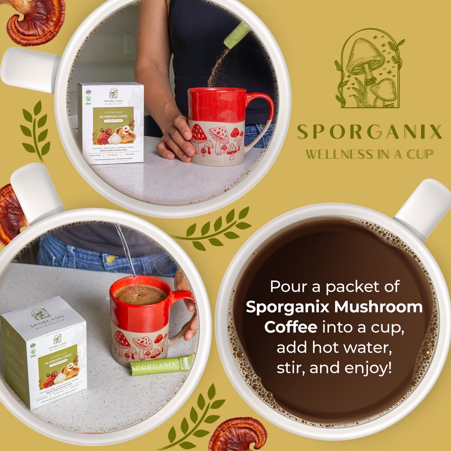 Sporganix Organic Mushroom Coffee - Instant Arabica with 5 Functional Mushrooms (Lion’s Mane, Reishi, Chaga, Cordyceps, Shiitake) - Unsweetened