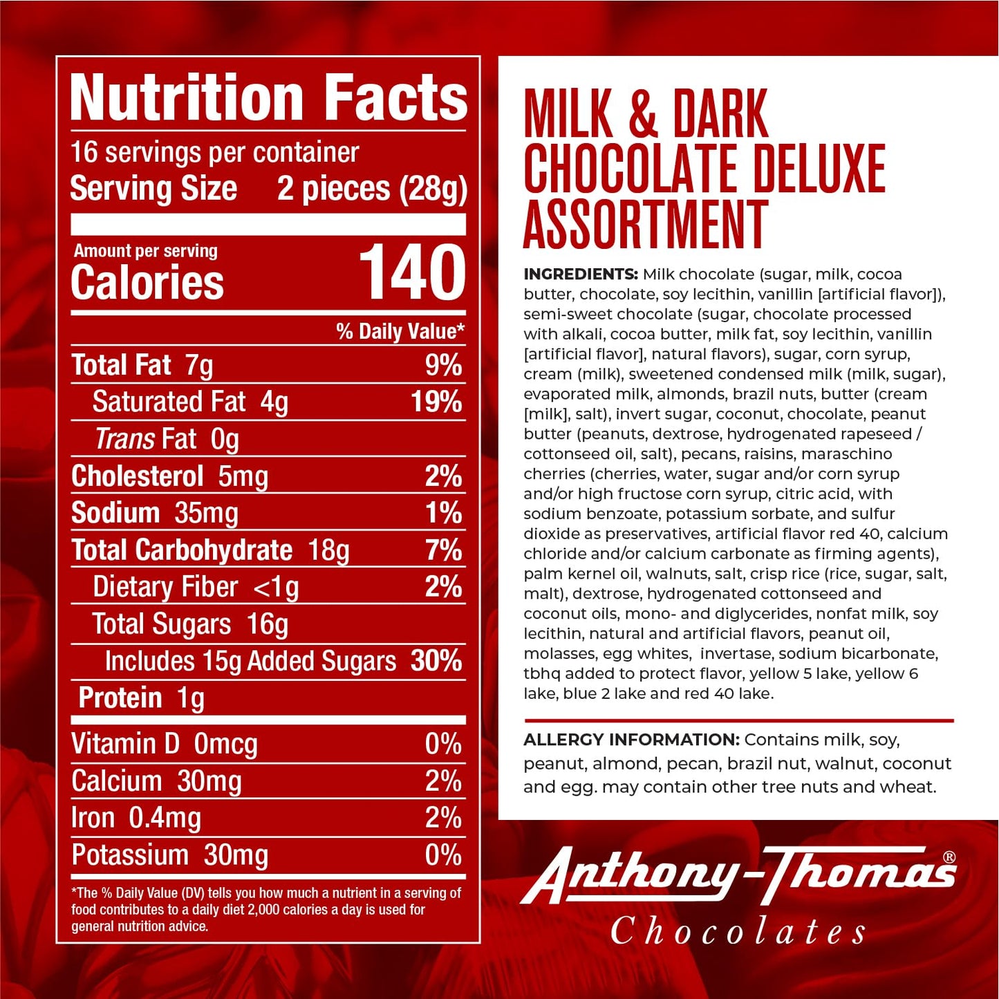 Anthony Thomas, Milk and Dark Chocolate Deluxe Assortment, Milk Chocolate, Soft Centers, Nuts, Toffee and Caramels, Gift Box (32 Pieces)