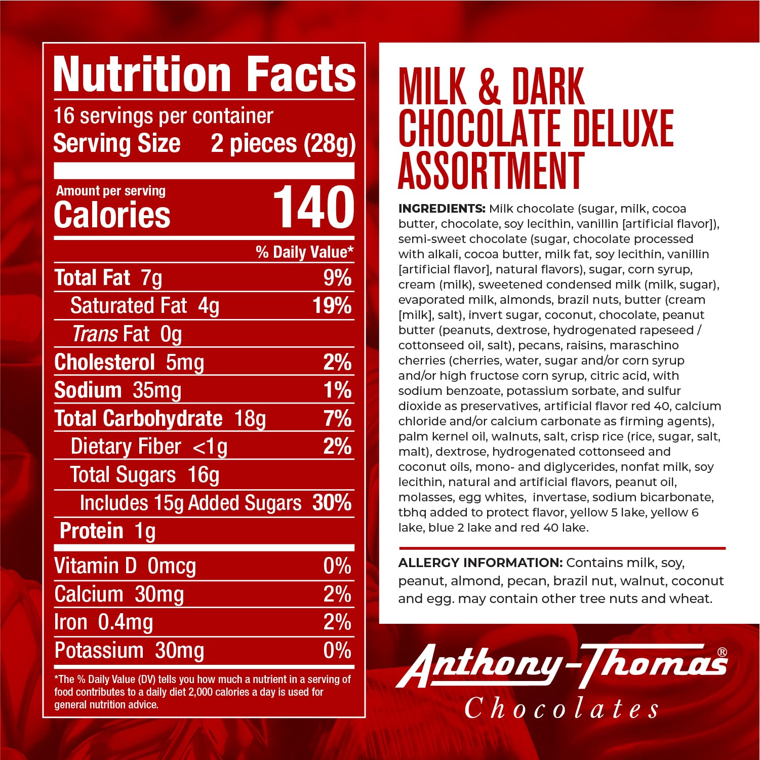 Anthony Thomas, Milk and Dark Chocolate Deluxe Assortment, Milk Chocolate, Soft Centers, Nuts, Toffee and Caramels, Gift Box (32 Pieces)