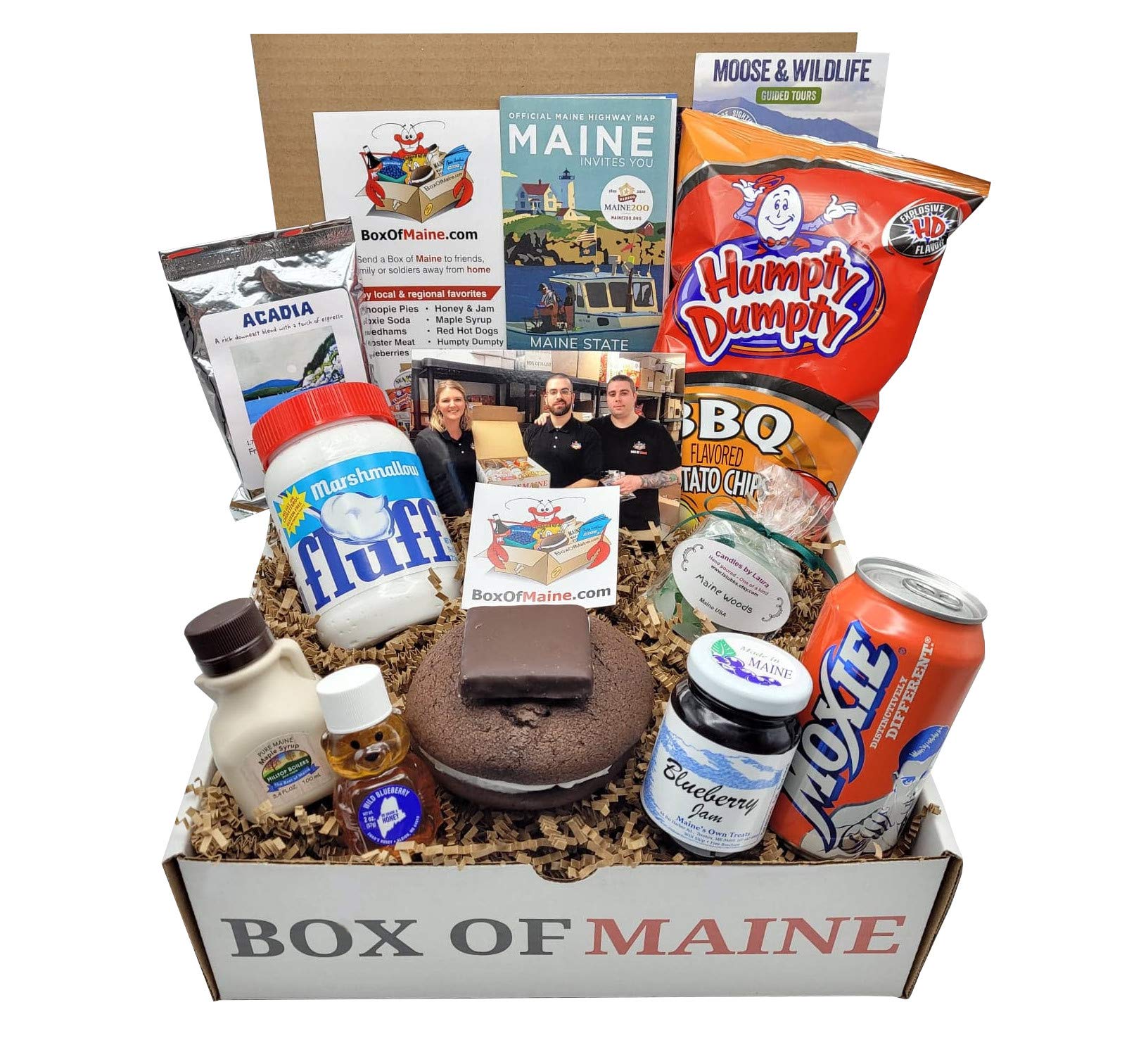 10-Item Gift Pack - Whoopie Pie, Fluff, Moxie Soda, Maine Maple Syrup,Blueberry Honey, Humpty Dumpty BBQ Chips, Needhams Chocolate, Coffee, Maine