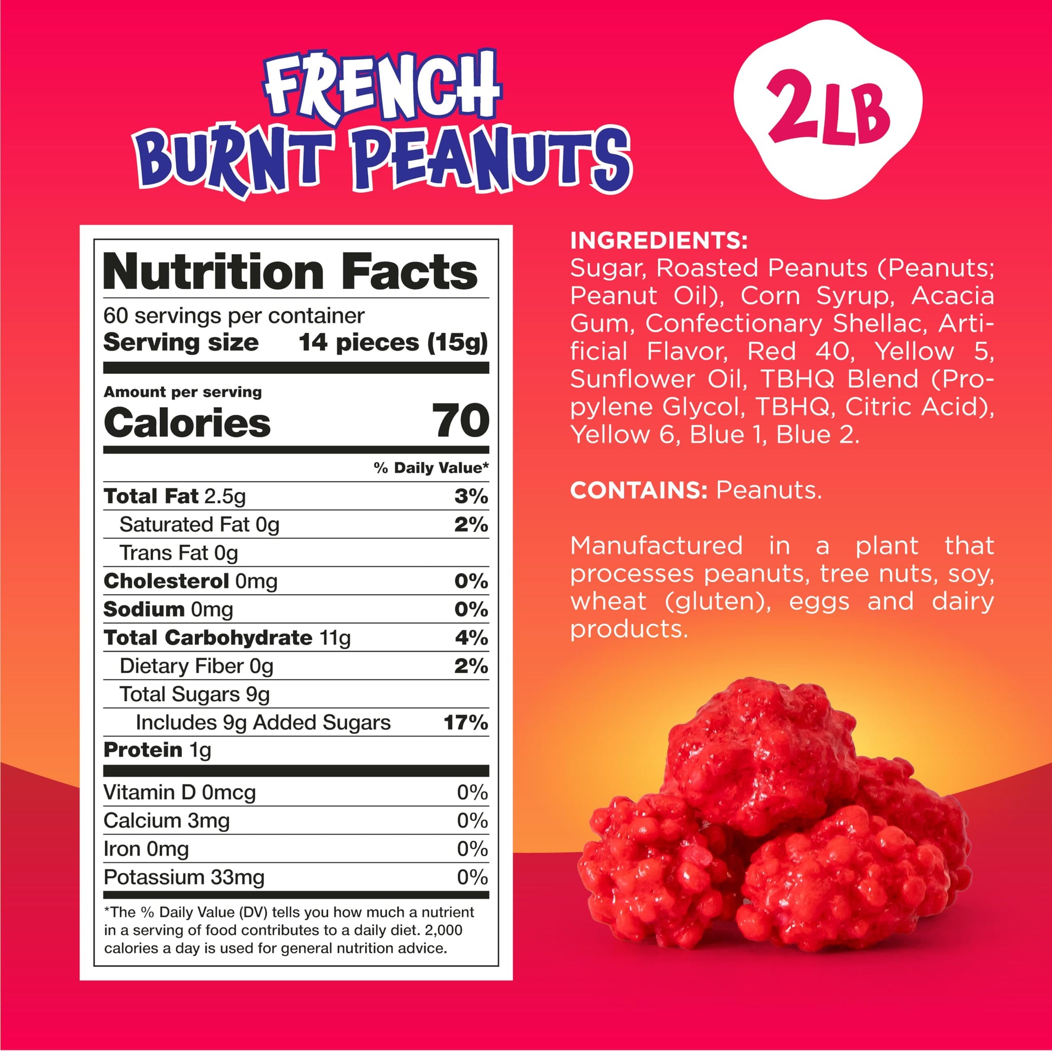 French Burnt Peanuts - 2 Pound Bulk Pack - Old Fashioned Candy Coated Peanuts - Red Nostalgic Candy for Buffets, Snacking, and Gifting - Crunchy Retro