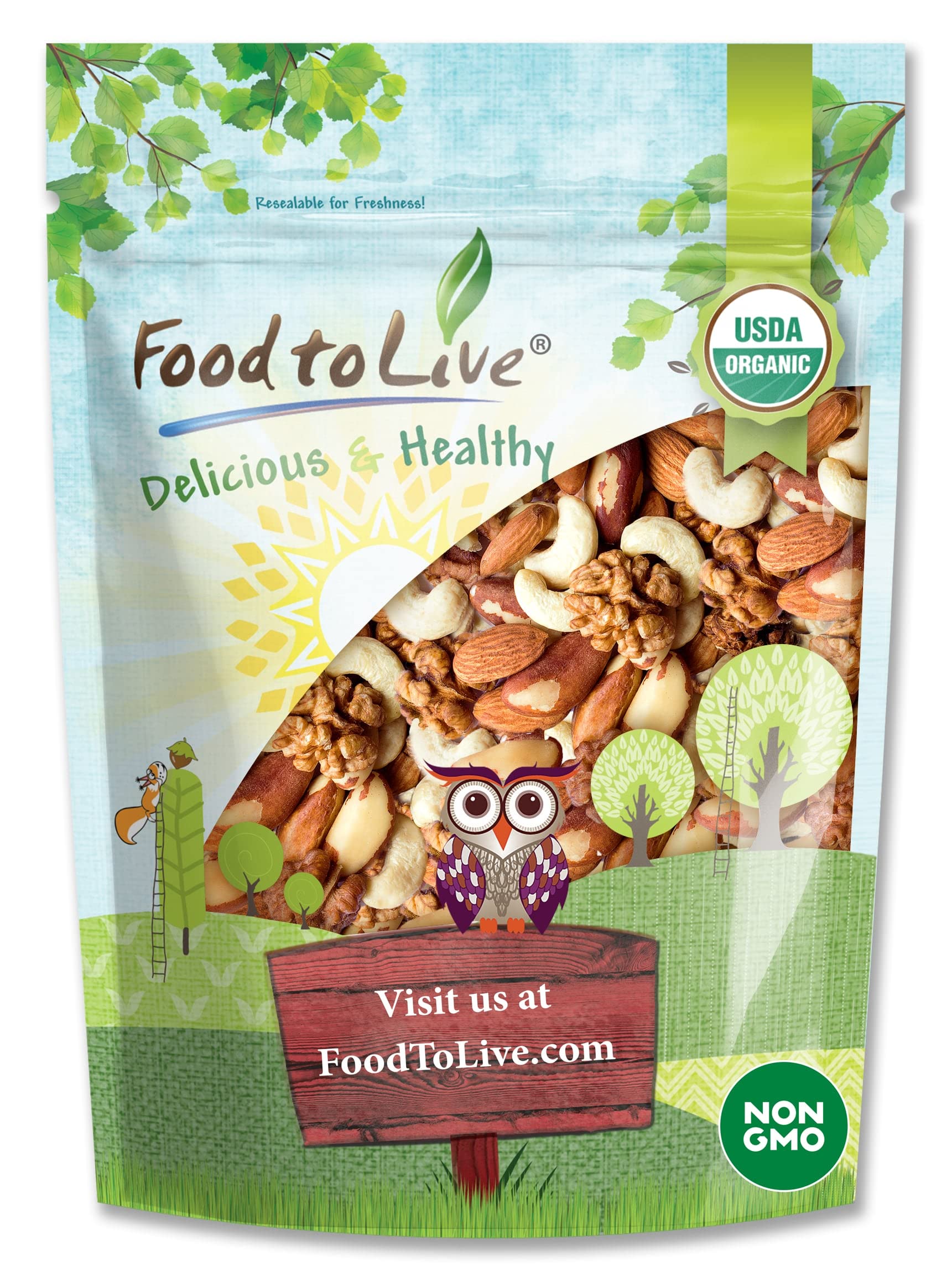 Food to Live - Organic Mixed Raw Nuts, 1 Pound Cashews, Brazil Nuts, Walnuts, Almonds, Non-GMO, Kosher, Raw, Vegan, Unsalted, Bulk