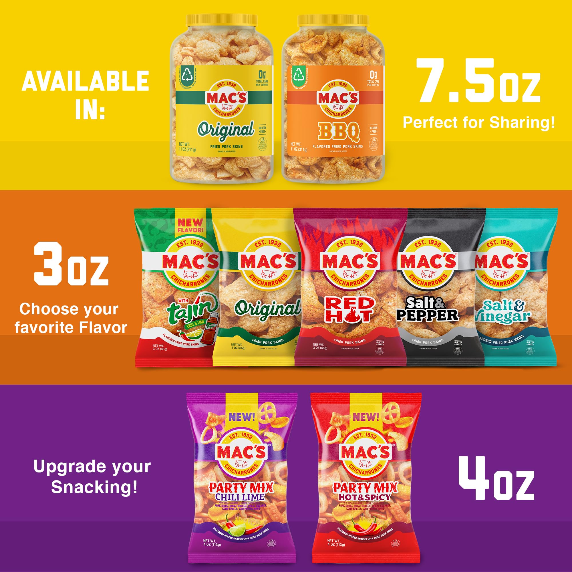 Mac's Hot & Spicy Pork Skins Party Mix - Hot & Spicy Flavored Chicharrones Pork Rinds - Party Snack - 4oz (9-Pack Party Mix)