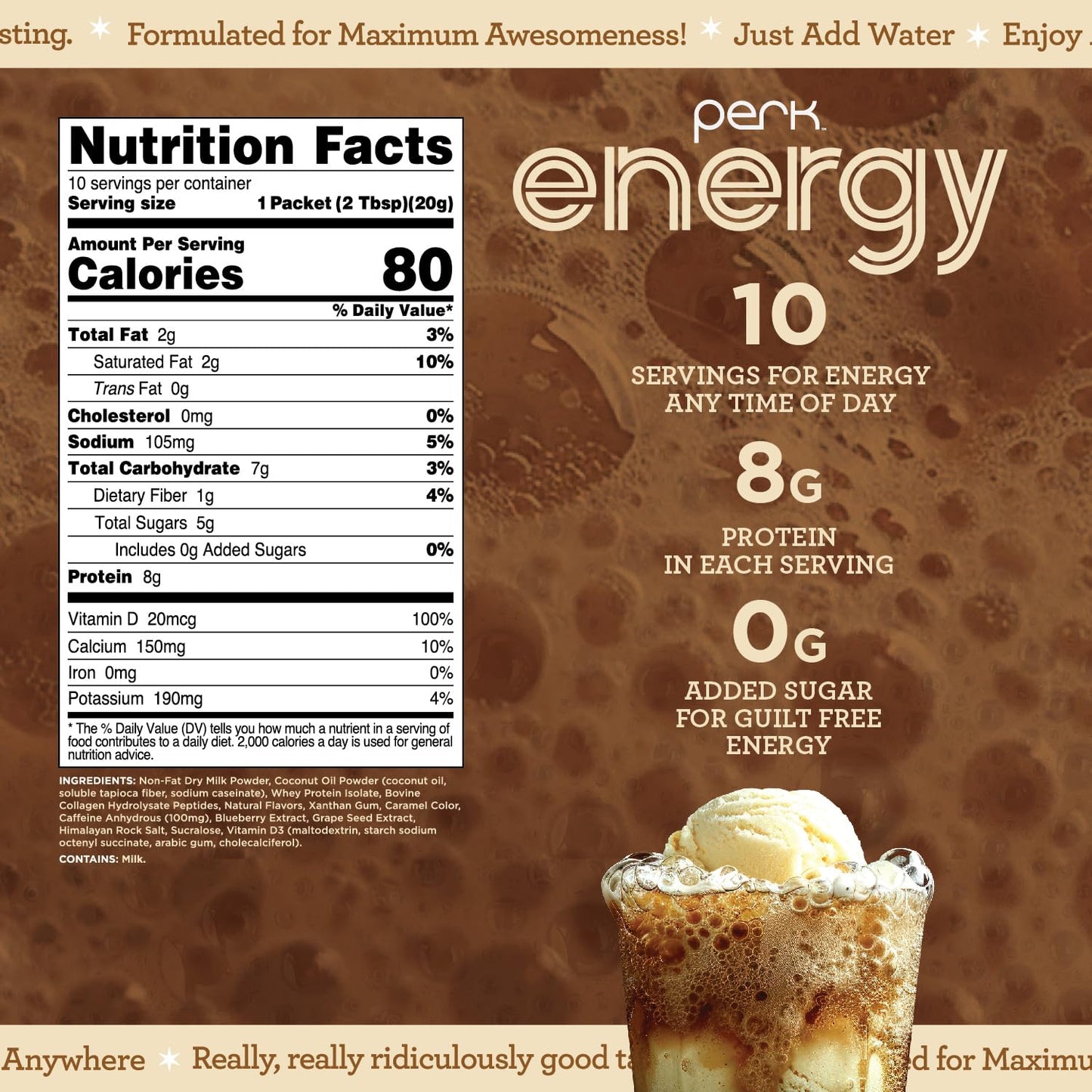 Perk Energy Drink Mix (Root Beer Freeze) 10 Stick Packs - Caffeinated Healthy Coffee Alternative with Protein, 100mg of Caffeine, Gluten-Free