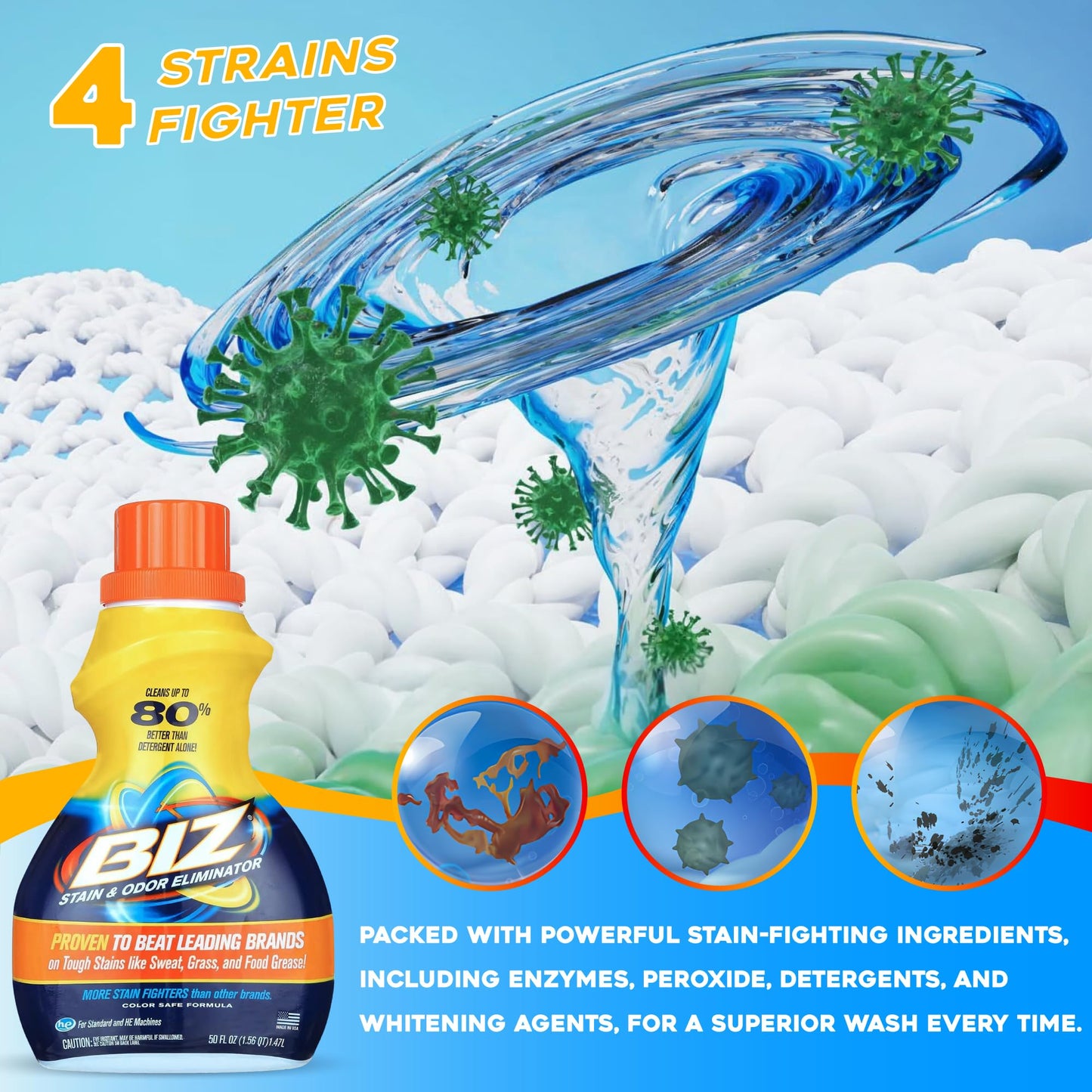 Biz Laundry Detergent Liquid Booster, Stain and Odor Eliminator for Tough Stains Like Sweat Grass and Food Grease, Best Stain Remover for Clothes