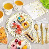 AIRE 175PCS White and Gold Paper Plates Party Supplies for 25 Guests Disposable Decorations Dinnerware Golden Dot Paper Plates Napkins Cups Gold