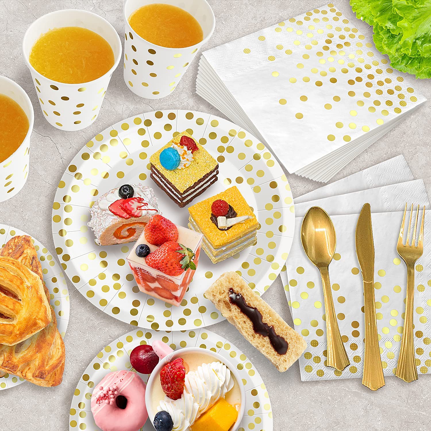 AIRE 175PCS White and Gold Paper Plates Party Supplies for 25 Guests Disposable Decorations Dinnerware Golden Dot Paper Plates Napkins Cups Gold