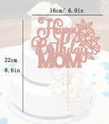 AHAORAY Happy Birthday Mom Cake Topper - Rose Gold Glitter Flower Mother's Birthday Cake Decoration Supply - Mother's Day Party Cake Topper