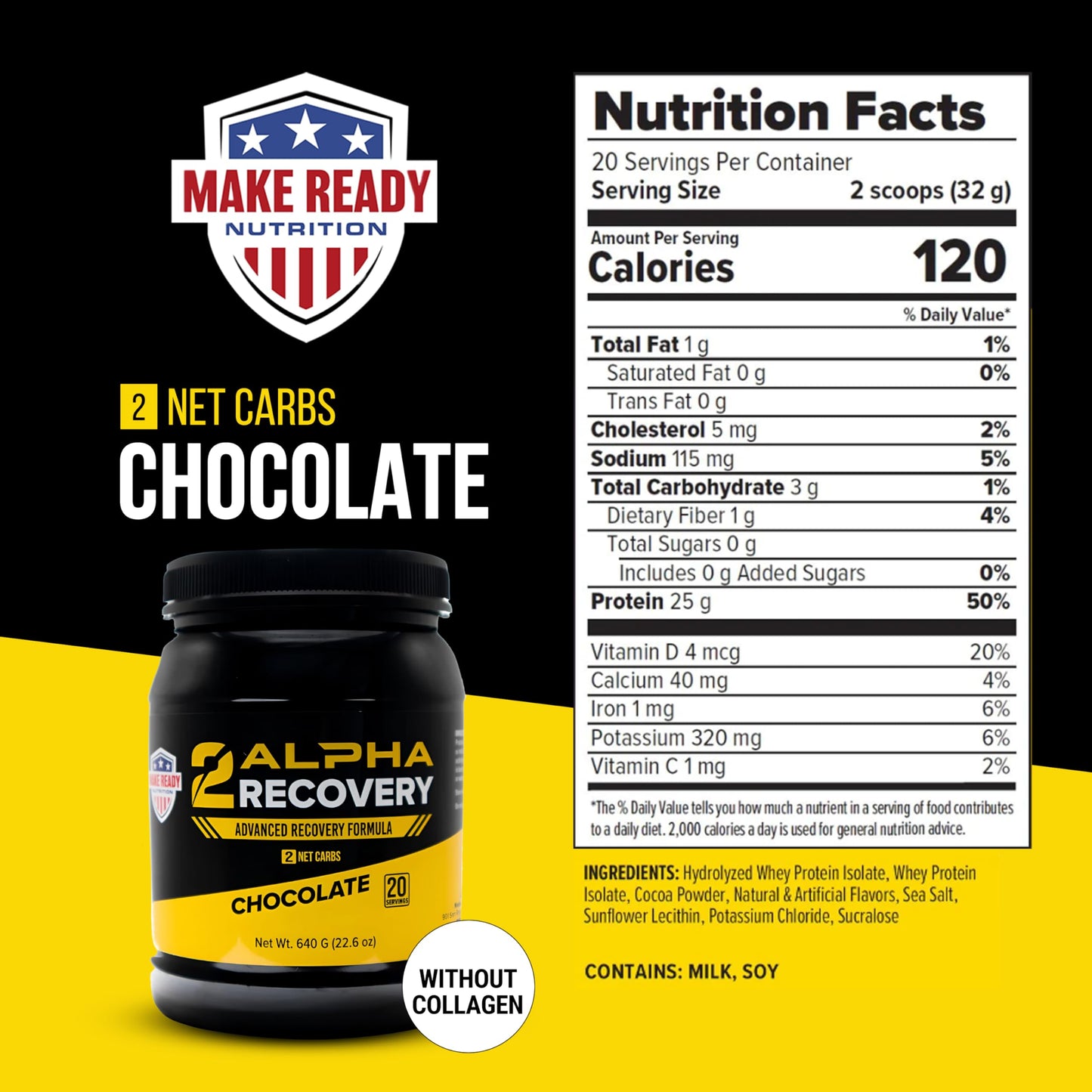 2ALPHA Recovery Chocolate - Protein Shake with Hydrolyzed Whey Isolate and Essential Nutrients for Shooters, 25g Protein for Muscle Recovery - 640g
