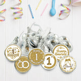 Gold 1st Anniversary Chocolate Kiss Stickers,180 Count, 0.75" Chocolate Drop Labels for Kisses, 1st Wedding Anniversary Party Favors Labels