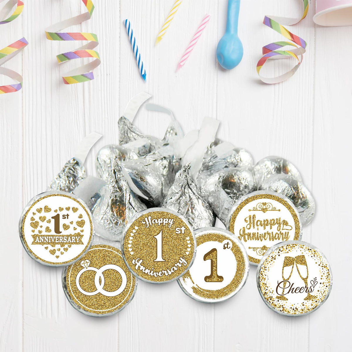 Gold 1st Anniversary Chocolate Kiss Stickers,180 Count, 0.75" Chocolate Drop Labels for Kisses, 1st Wedding Anniversary Party Favors Labels