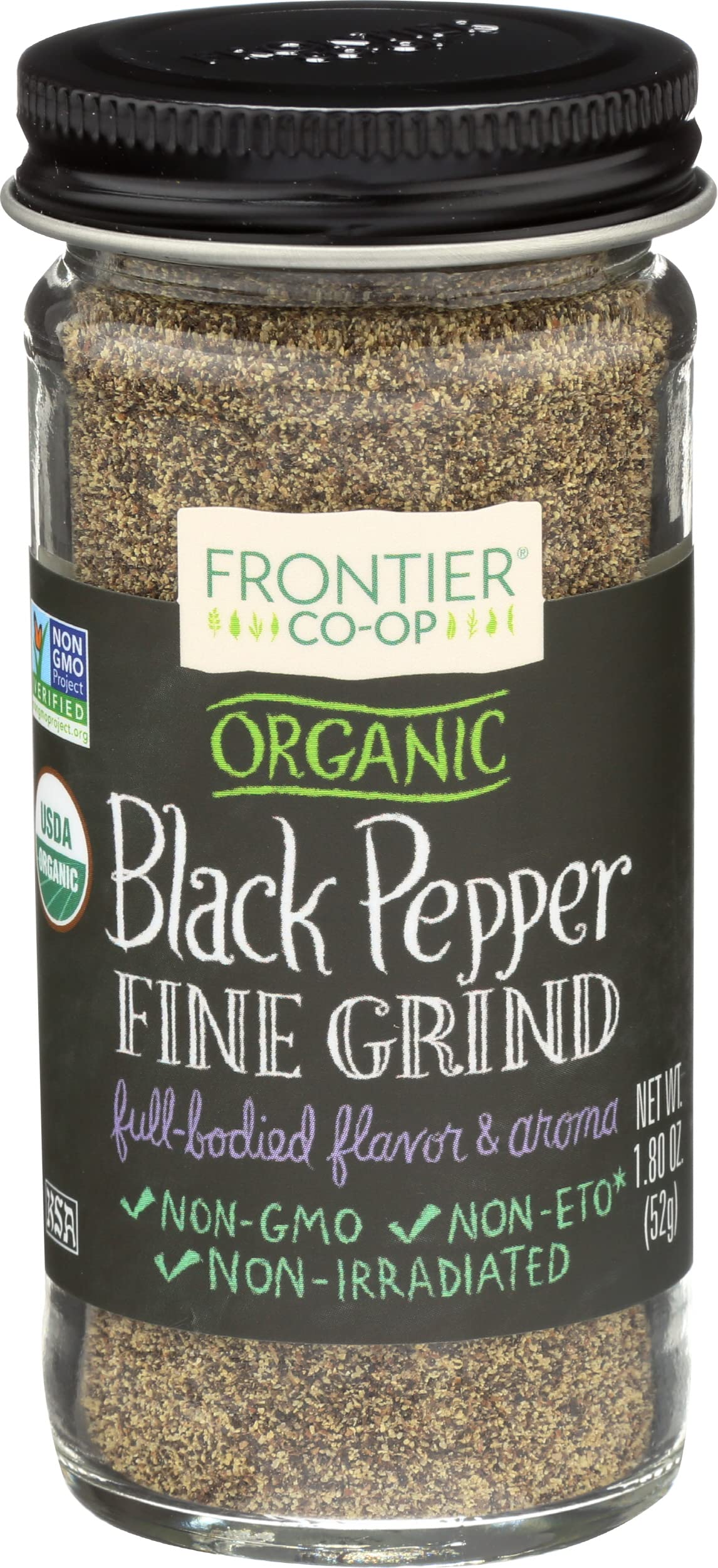 Frontier Co-op Organic Fine Ground Black Pepper, 1.8 Ounce Bottle, Full-bodied Flavor and Aroma, Kosher