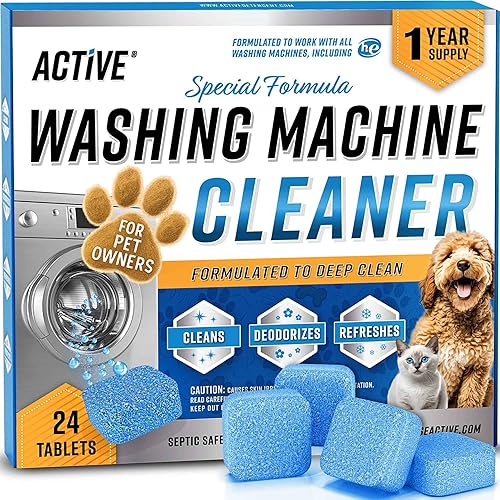 ACTIVE Washing Machine Cleaner for Pet Owners Enzymatic Deep Clean Descaler for Cat & Dog Hair, Urine, Odor, Residue, 24 Septic-Safe Tablets for Top