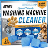 ACTIVE Washing Machine Cleaner for Pet Owners Enzymatic Deep Clean Descaler for Cat & Dog Hair, Urine, Odor, Residue, 24 Septic-Safe Tablets for Top