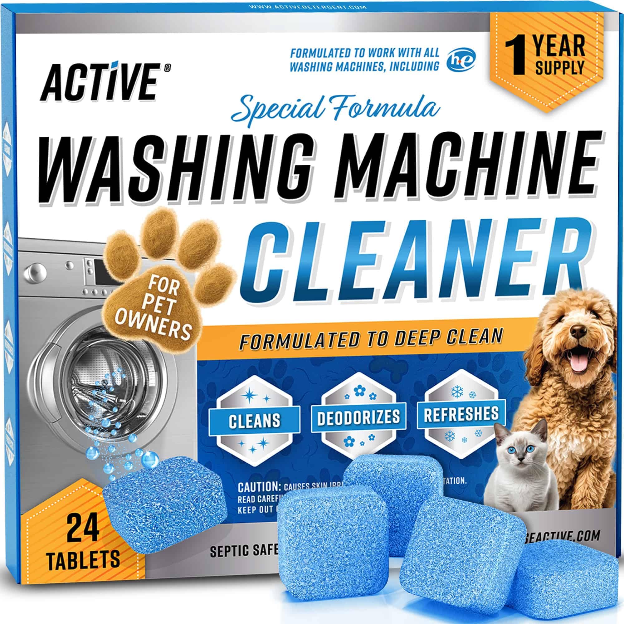 ACTIVE Washing Machine Cleaner for Pet Owners Enzymatic Deep Clean Descaler for Cat & Dog Hair, Urine, Odor, Residue, 24 Septic-Safe Tablets for Top