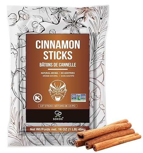 Soeos Cinnamon Sticks, 16 oz (454g), 3.5" Length, 100% Raw, Non-GMO, Kosher Certified, Whole Cinnamon Sticks Seasoning Spice for Coffee, Baking