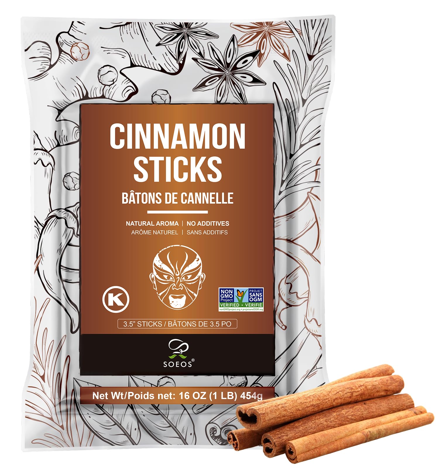 Soeos Cinnamon Sticks, 16 oz (454g), 3.5" Length, 100% Raw, Non-GMO, Kosher Certified, Whole Cinnamon Sticks Seasoning Spice for Coffee, Baking
