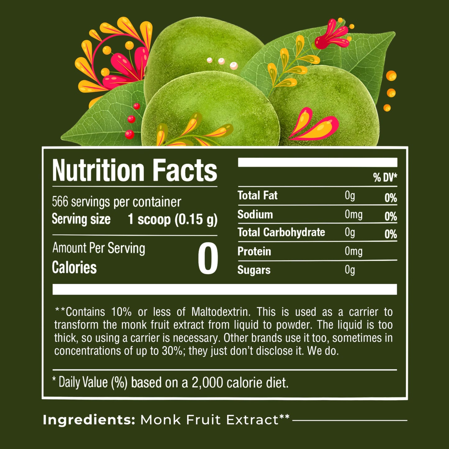 Monk Fruit Extract Powder (25X Sweeter Than Sugar) Zero Calories, Zero Sugar, Zero Glycemic, Non-GMO, No Fillers - Monk Fruit Sweetener No Erythritol