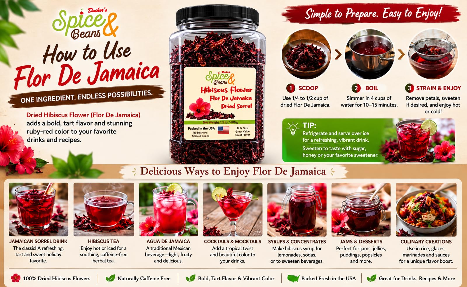 Dried Hibiscus Flower 1.5 lb | Flor De Jamaica & Dried Sorrel | Tea, Jamaican Sorrel Drink, Herbal Beverages | Resealable USA Packed Container |