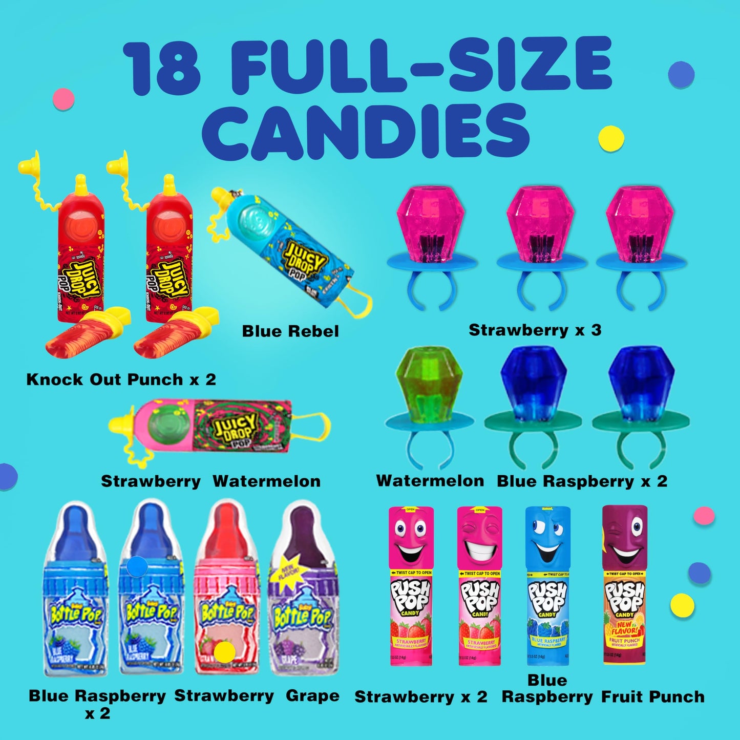 Candy Variety Pack, 18 Count Assorted Lollipops, Bulk Individually Wrapped Ring Pop, Push Pop, Baby Bottle Pop & Juicy Drop, Ideal for Birthdays