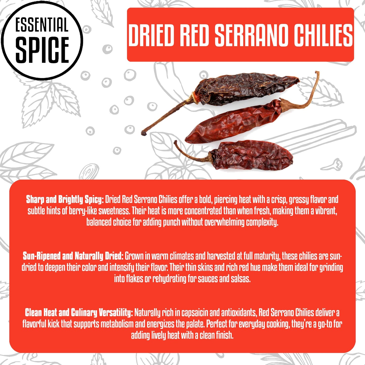 Essential Spice Dried Red Serrano Chilies - Bold Medium Heat with Smoky, Sweet Flavor - Whole Dried Chilies for Salsas, Sauces, Stews & Mexican