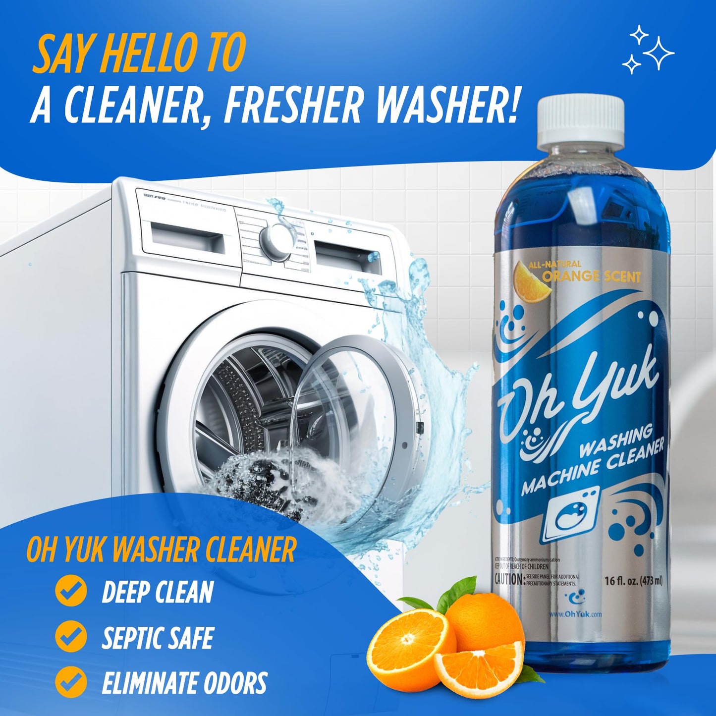 Oh Yuk Washing Machine Cleaner For All Washers (Top Load, Front Load, HE and Non-HE), Natural Citrus Fragrance, Four Cleanings Per Bottle, Septic