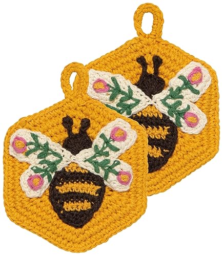 Now Designs Bee Garden Crochet Sponges Set of 2, Hand-Crocheted 100% Cotton, W4 x L4in, Artisanal Kitchen Scrubbing Sponges