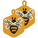 Now Designs Bee Garden Crochet Sponges Set of 2, Hand-Crocheted 100% Cotton, W4 x L4in, Artisanal Kitchen Scrubbing Sponges