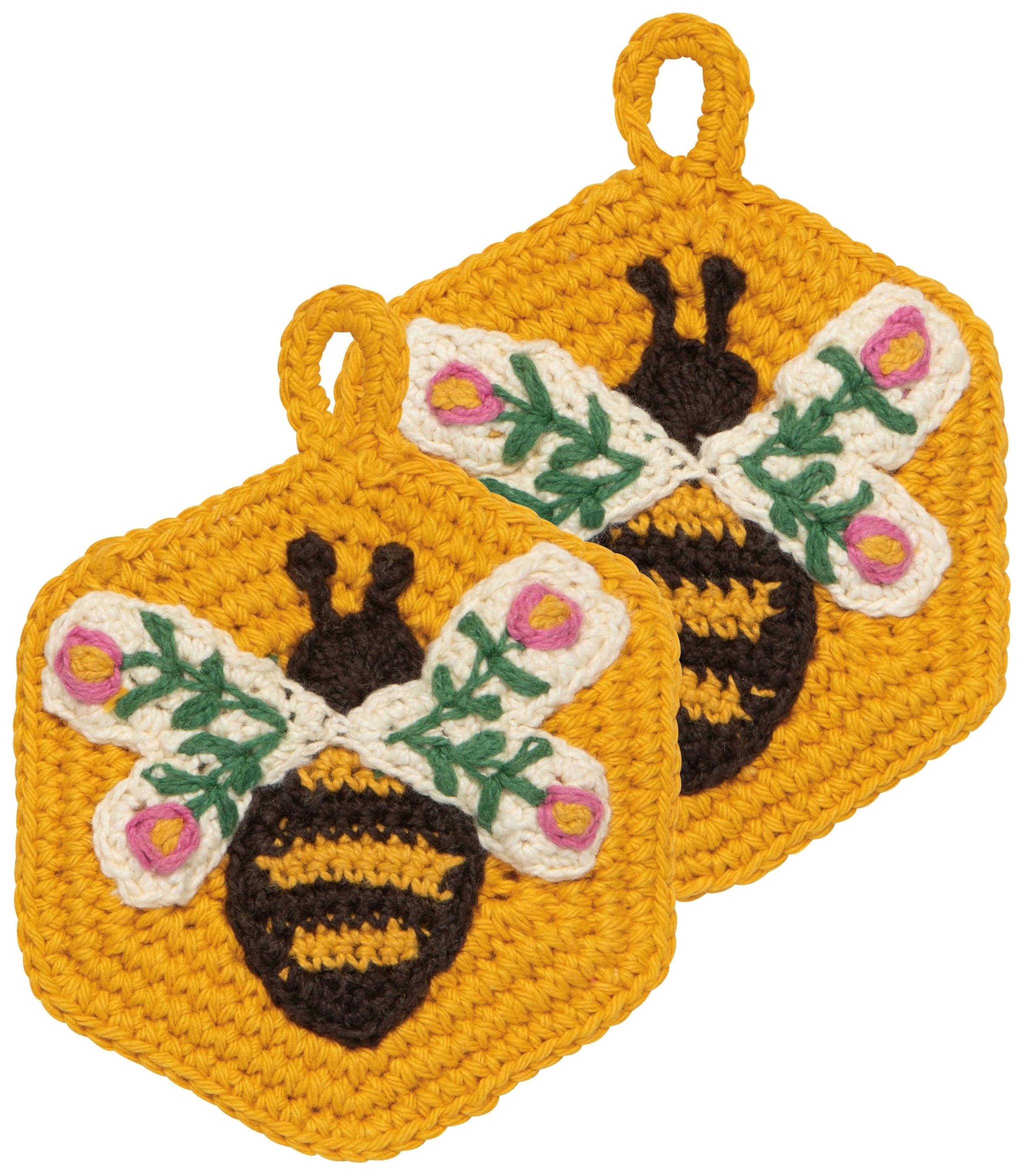 Now Designs Bee Garden Crochet Sponges Set of 2, Hand-Crocheted 100% Cotton, W4 x L4in, Artisanal Kitchen Scrubbing Sponges