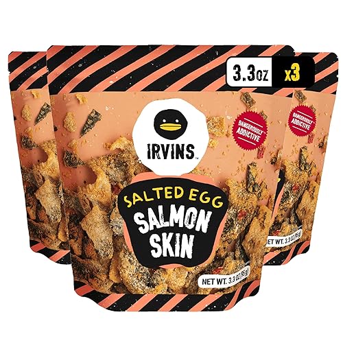 IRVINS Salted Egg Salmon Skin Chips & Crisps - Premium Hand Cooked, Halal, Keto-Friendly, High Protein Snack | Dangerously Addictive | (3.3 oz, Pack